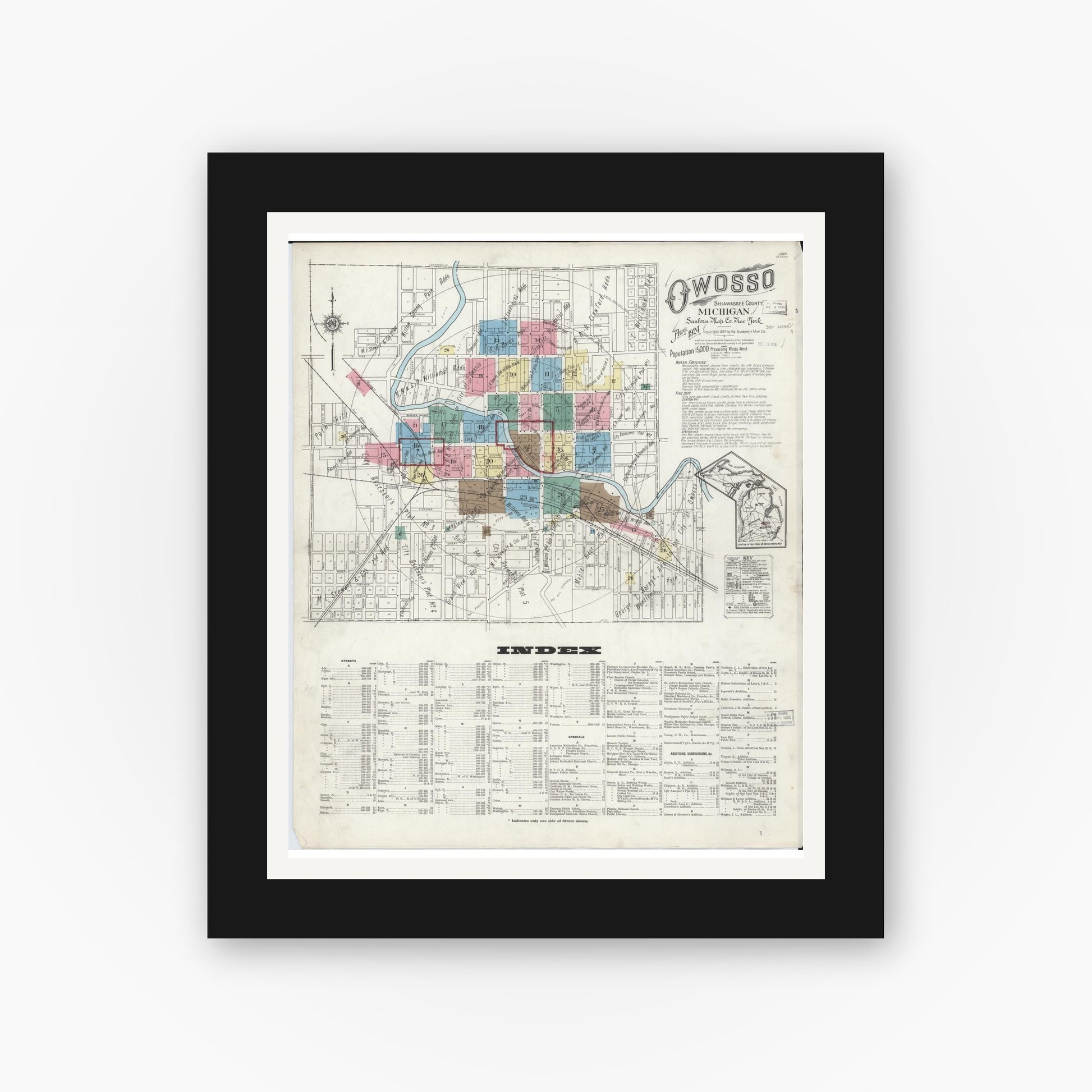 Old map wall art mockup — black gallery frame with white mat — Sanborn Fire Insurance Map from Owosso, Shiawassee County, Michigan (1924) - Complete Map Set