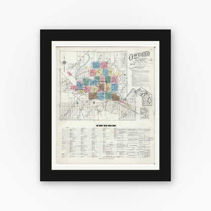 Old map wall art mockup — black gallery frame with white mat — Sanborn Fire Insurance Map from Owosso, Shiawassee County, Michigan (1924) - Complete Map Set