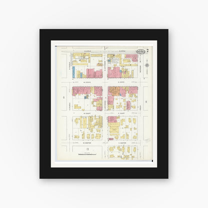Old map wall art mockup — black gallery frame with white mat — Sanborn Fire Insurance Map from Hastings, Barry County, Michigan (1916), Sheet #0007