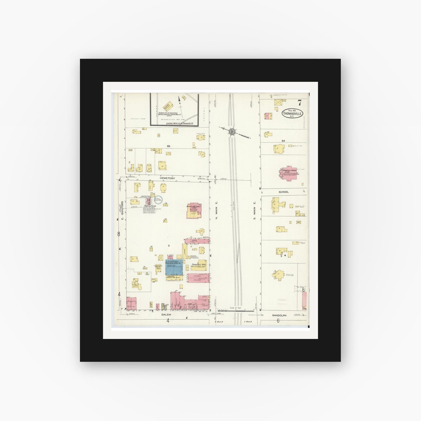 Old map wall art mockup — black gallery frame with white mat — Sanborn Fire Insurance Map from Thomasville, Davidson County, North Carolina (1913), Sheet #0007
