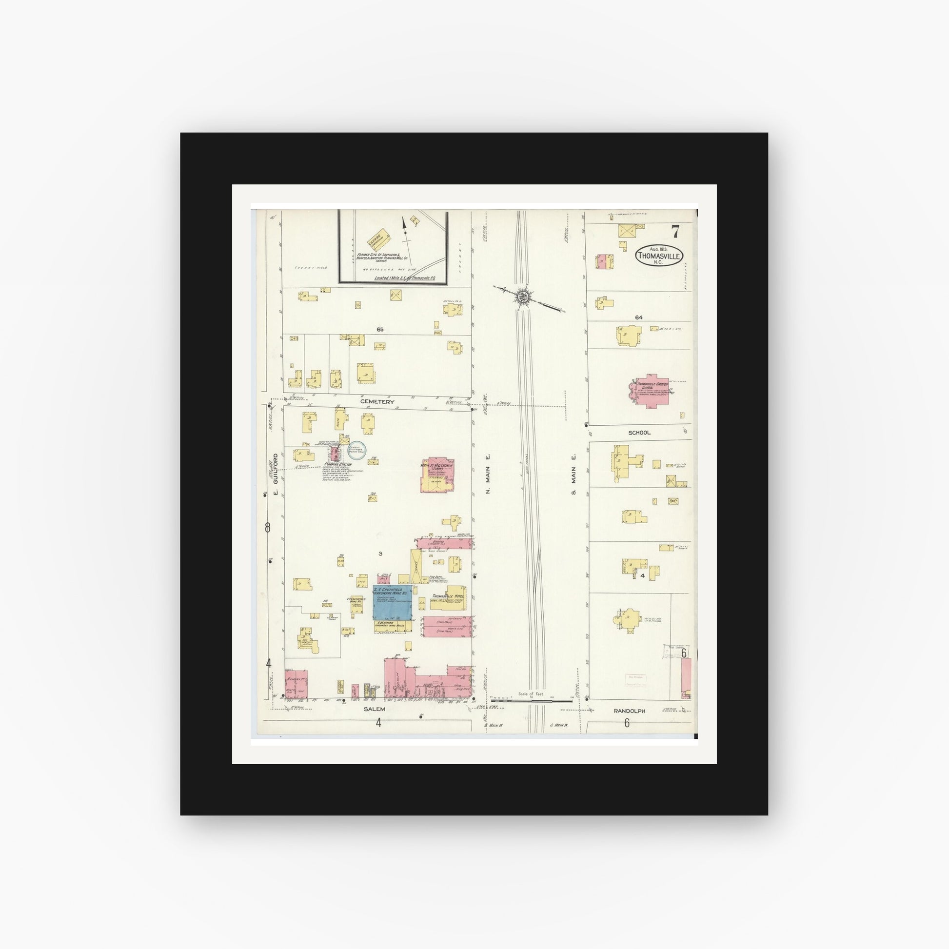 Old map wall art mockup — black gallery frame with white mat — Sanborn Fire Insurance Map from Thomasville, Davidson County, North Carolina (1913), Sheet #0007