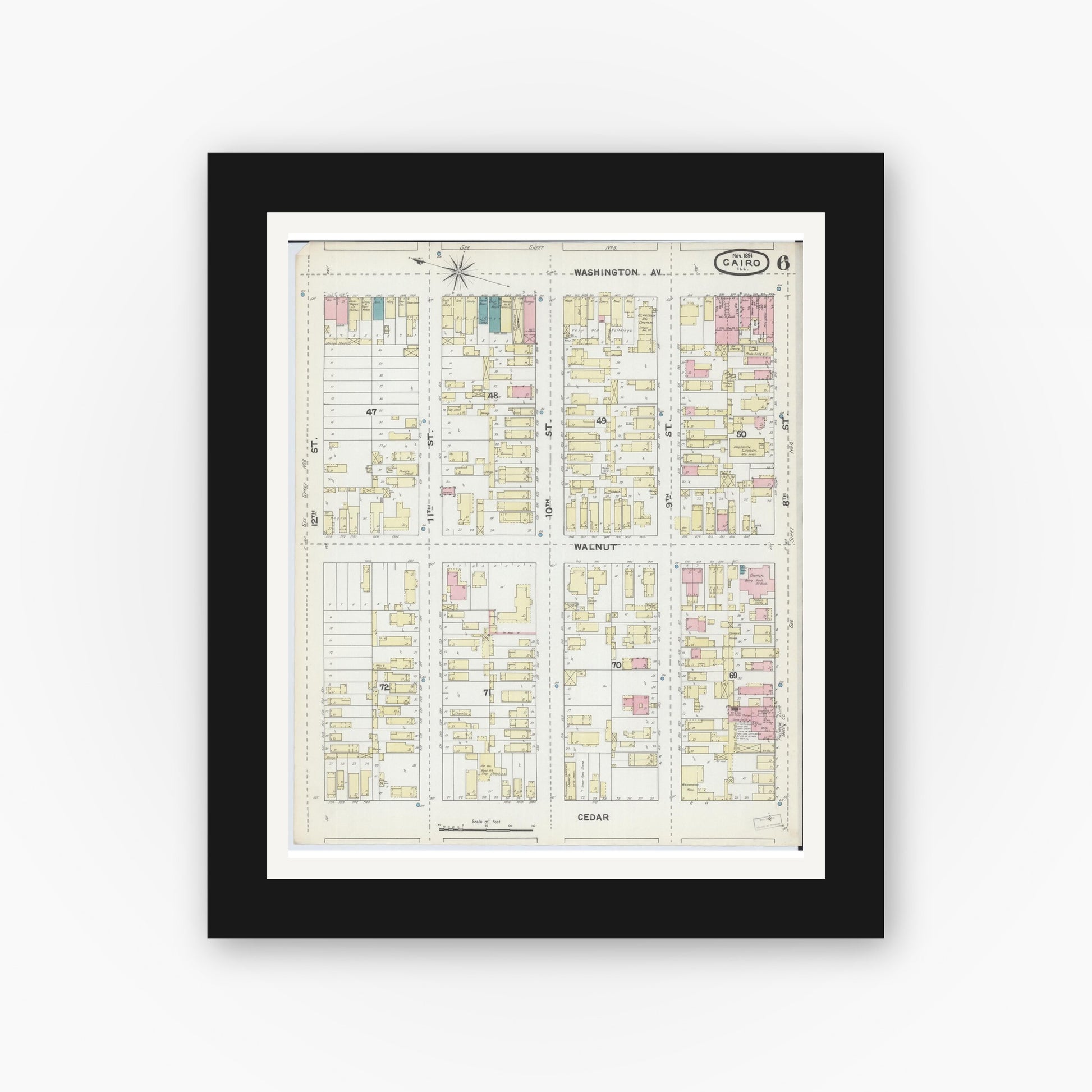 Old map wall art mockup — black gallery frame with white mat — Sanborn Fire Insurance Map from Cairo, Alexander County, Illinois (1891), Sheet #0006