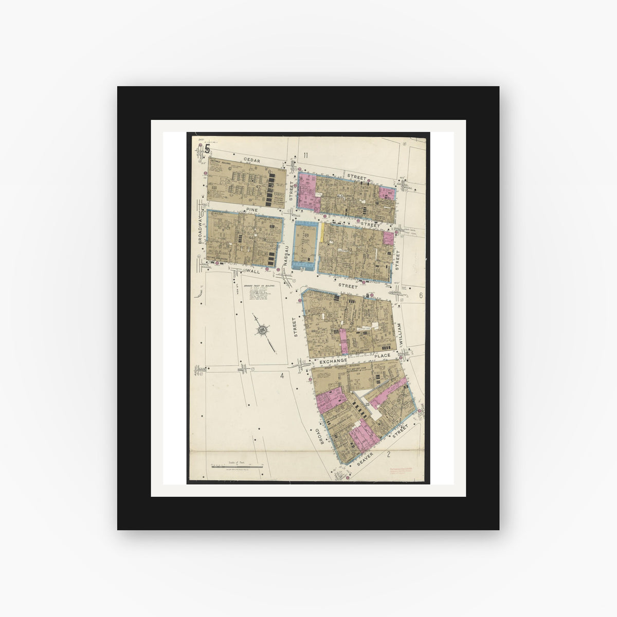 Old map wall art mockup — black gallery frame with white mat — Sanborn Fire Insurance Map from New York, Bronx, Manhattan, New York (1923), Sheet #0005
