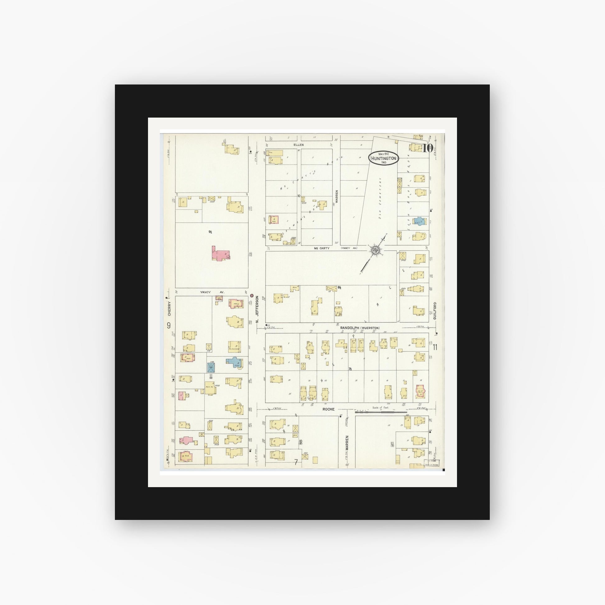 Old map wall art mockup — black gallery frame with white mat — Sanborn Fire Insurance Map from Huntington, Huntington County, Indiana (1912), Sheet #0010