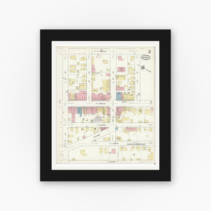 Old map wall art mockup — black gallery frame with white mat — Sanborn Fire Insurance Map from Watkins Glen, Schuyler County, New York (1914), Sheet #0003