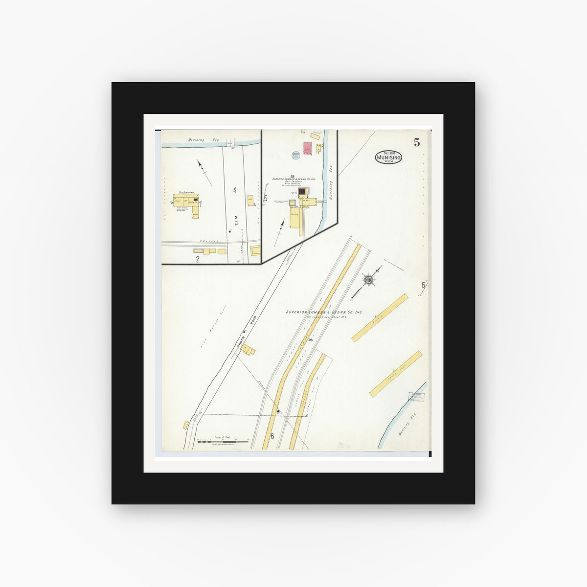Old map wall art mockup — black gallery frame with white mat — Sanborn Fire Insurance Map from Munising, Alger County, Michigan (1917), Sheet #0005