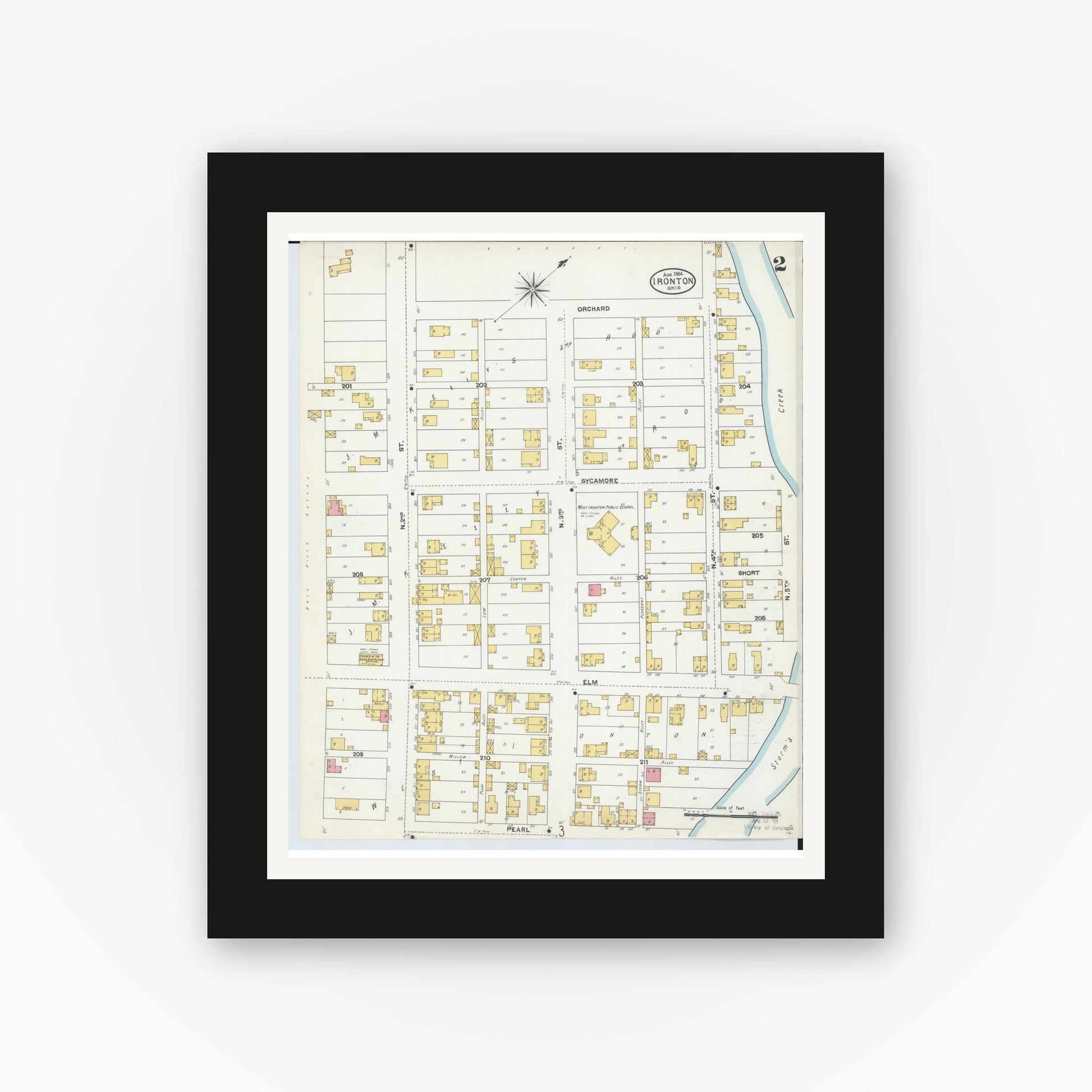 Old map wall art mockup — black gallery frame with white mat — Sanborn Fire Insurance Map from Ironton, Lawrence County, Ohio (1904), Sheet #0002