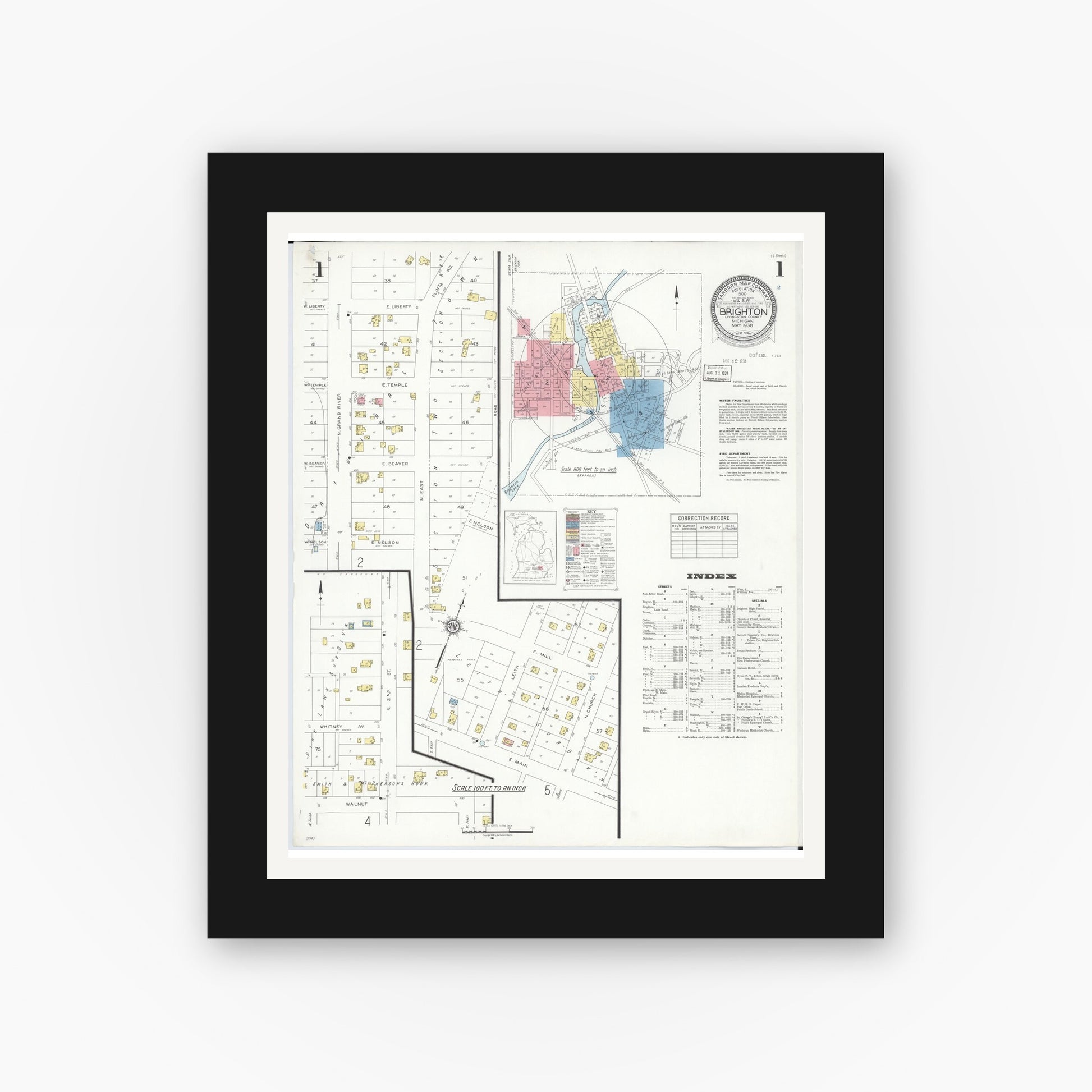 Old map wall art mockup — black gallery frame with white mat — Sanborn Fire Insurance Map from Brighton, Livington County, Michigan (1938) - Complete Map Set