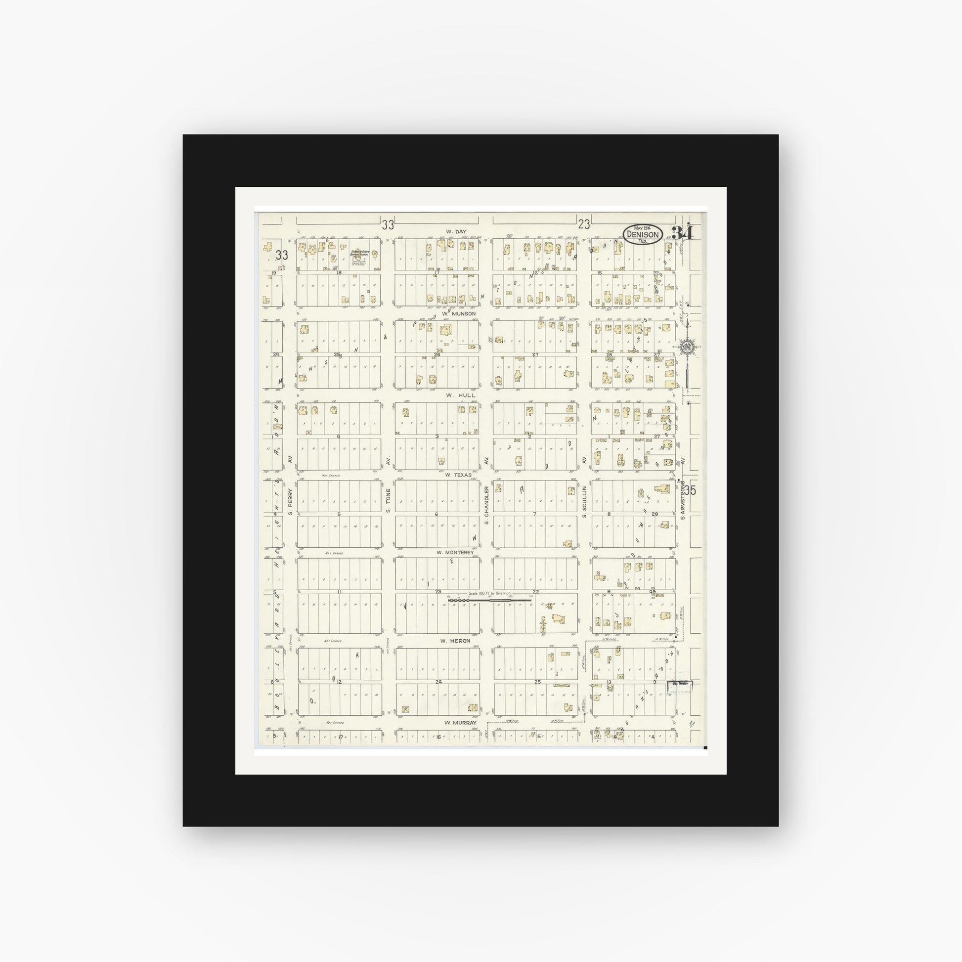 Old map wall art mockup — black gallery frame with white mat — Sanborn Fire Insurance Map from Denison, Grayson County, Texas (1914), Sheet #0034