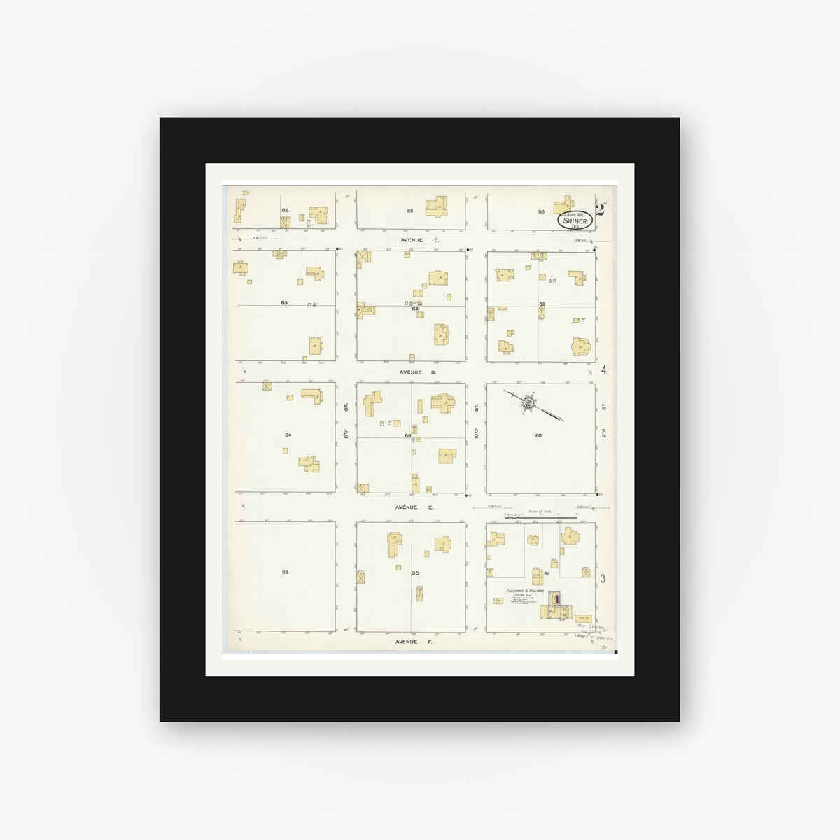 Old map wall art mockup — black gallery frame with white mat — Sanborn Fire Insurance Map from Shiner, Lavaca County, Texas (1912), Sheet #0002