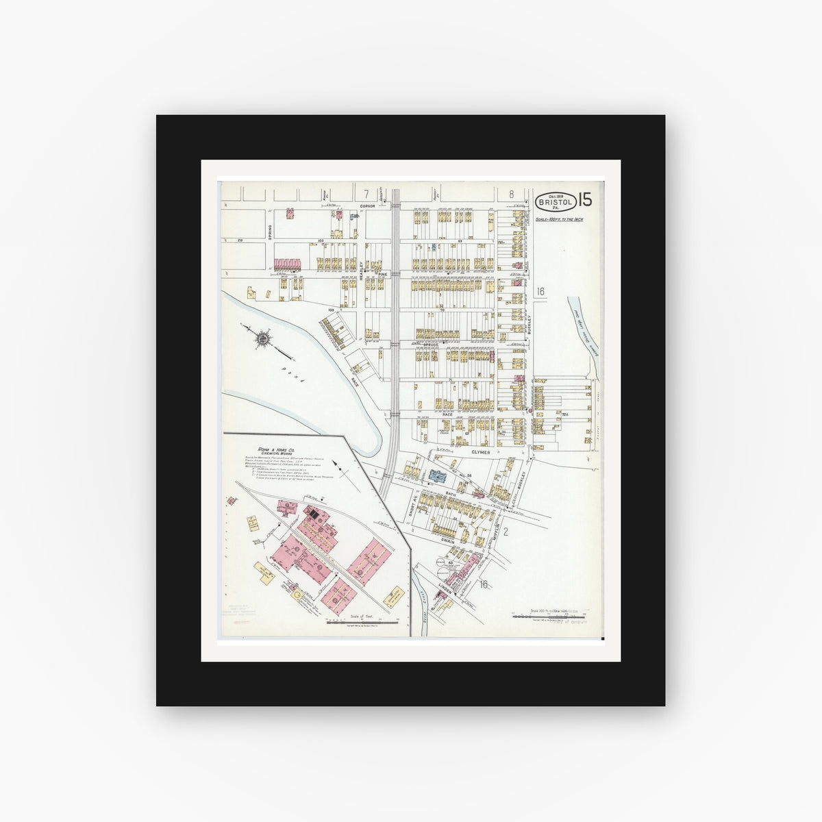 Old map wall art mockup — black gallery frame with white mat — Sanborn Fire Insurance Map from Bristol, Bucks County, Pennsylvania (1927), Sheet #0015