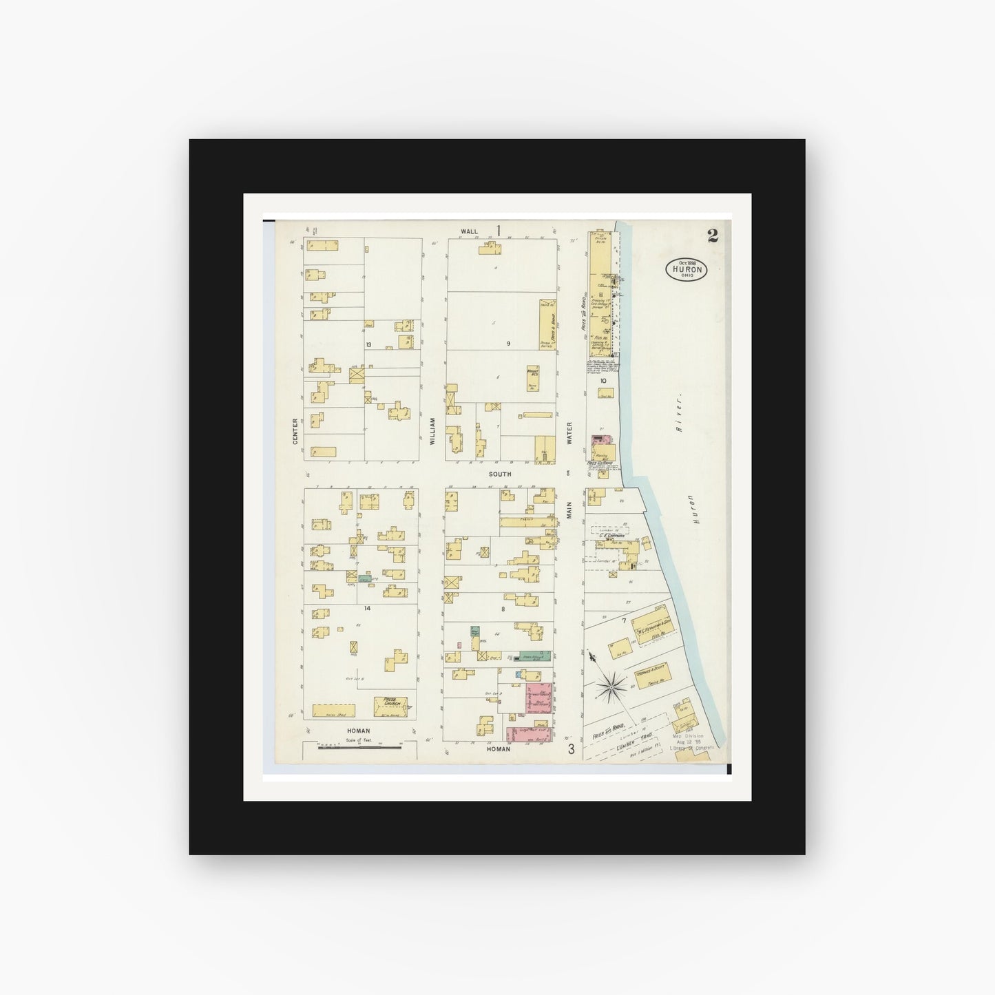 Old map wall art mockup — black gallery frame with white mat — Sanborn Fire Insurance Map from Huron, Erie County, Ohio (1898), Sheet #0002