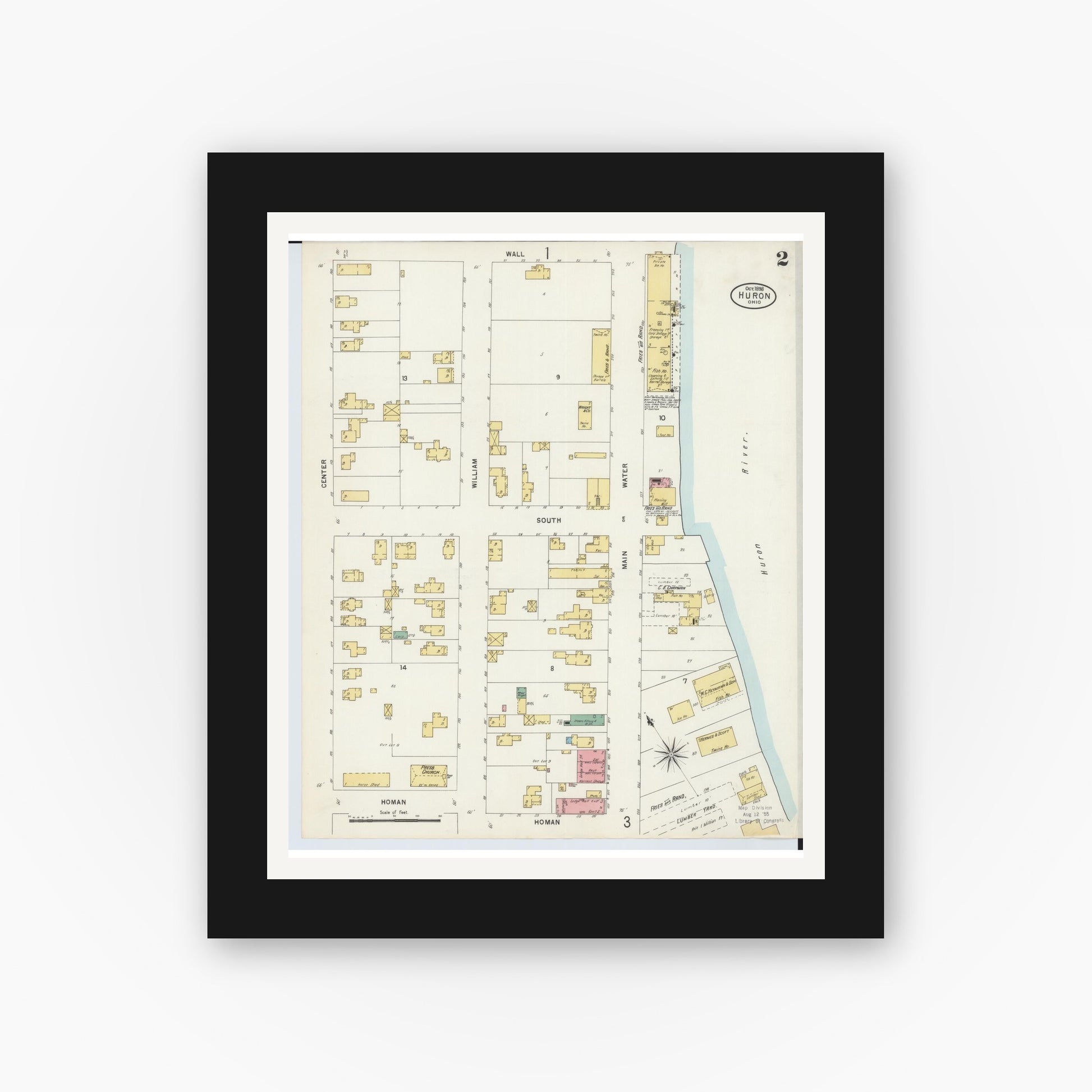 Old map wall art mockup — black gallery frame with white mat — Sanborn Fire Insurance Map from Huron, Erie County, Ohio (1898), Sheet #0002