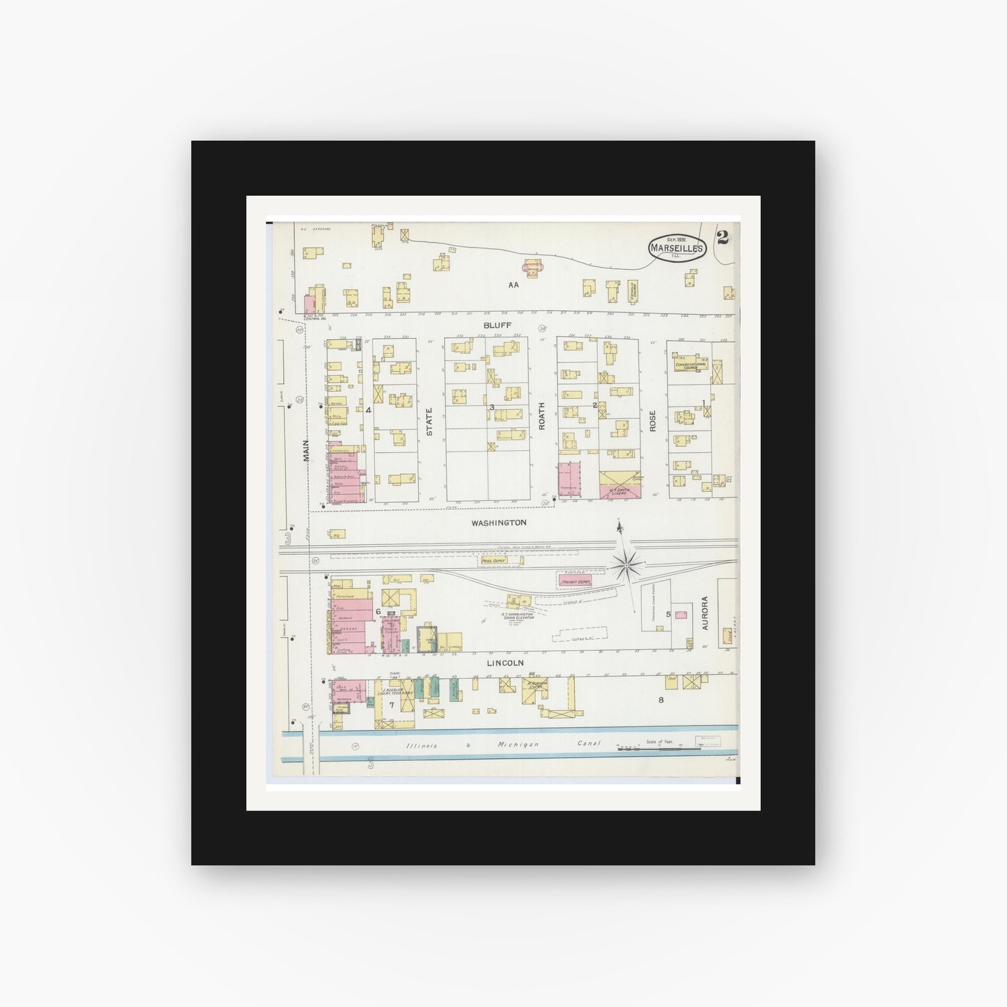 Old map wall art mockup — black gallery frame with white mat — Sanborn Fire Insurance Map from Marseilles, La Salle County, Illinois (1892), Sheet #0002