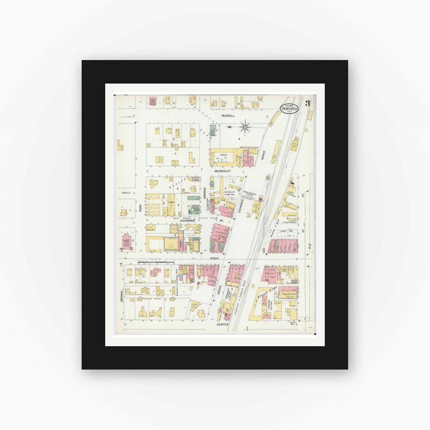 Old map wall art mockup — black gallery frame with white mat — Sanborn Fire Insurance Map from Geneseo, Henry County, Illinois (1901), Sheet #0003
