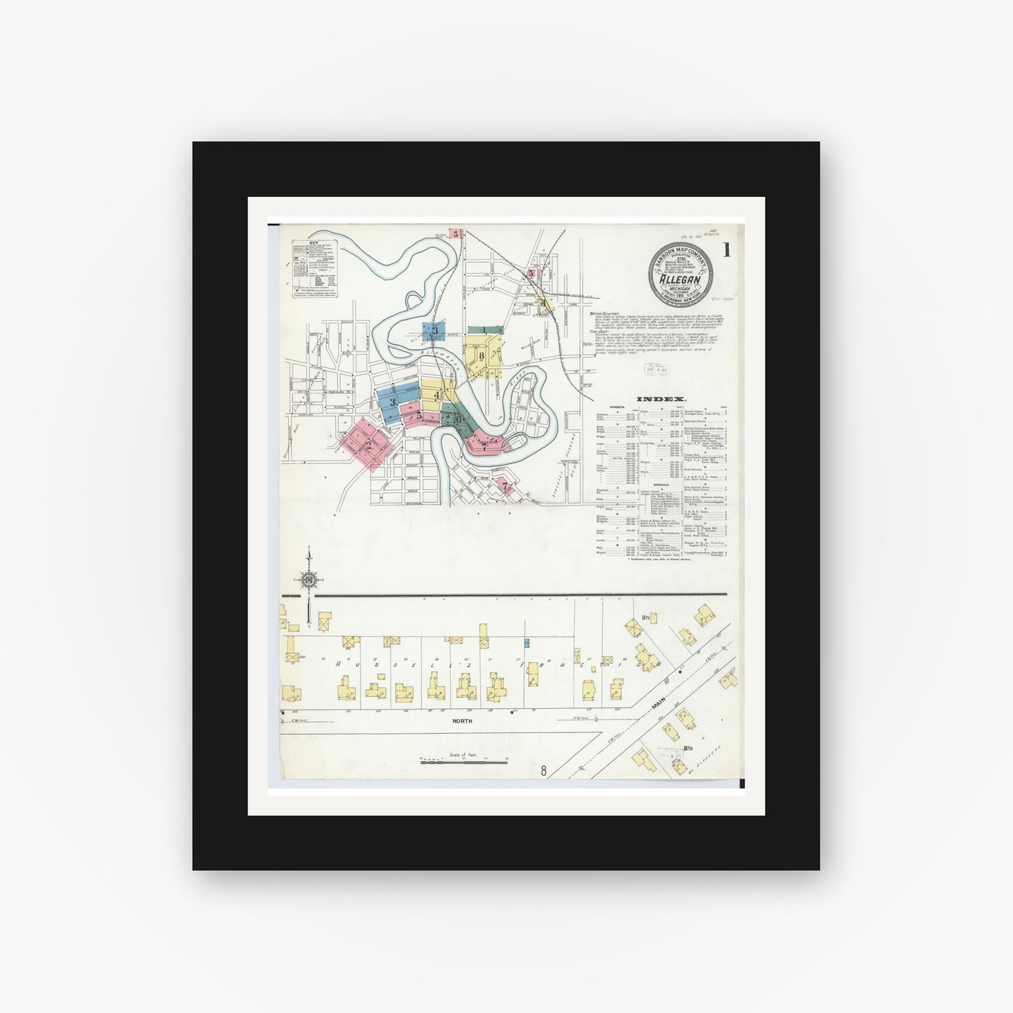 Old map wall art mockup — black gallery frame with white mat — Sanborn Fire Insurance Map from Allegan, Allegan County, Michigan (1911), Sheet #0001