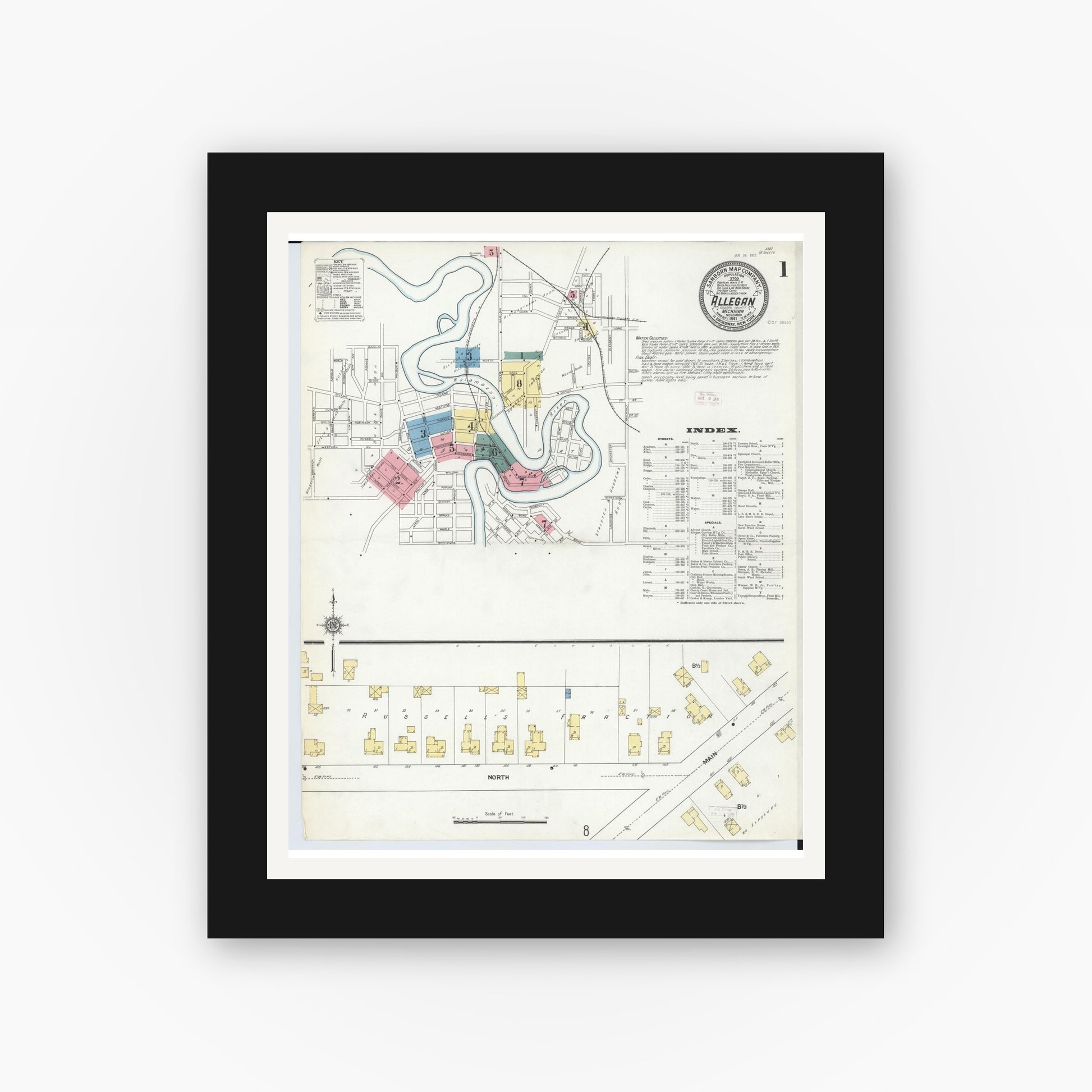 Old map wall art mockup — black gallery frame with white mat — Sanborn Fire Insurance Map from Allegan, Allegan County, Michigan (1911), Sheet #0001