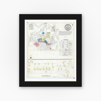 Old map wall art mockup — black gallery frame with white mat — Sanborn Fire Insurance Map from Allegan, Allegan County, Michigan (1911), Sheet #0001