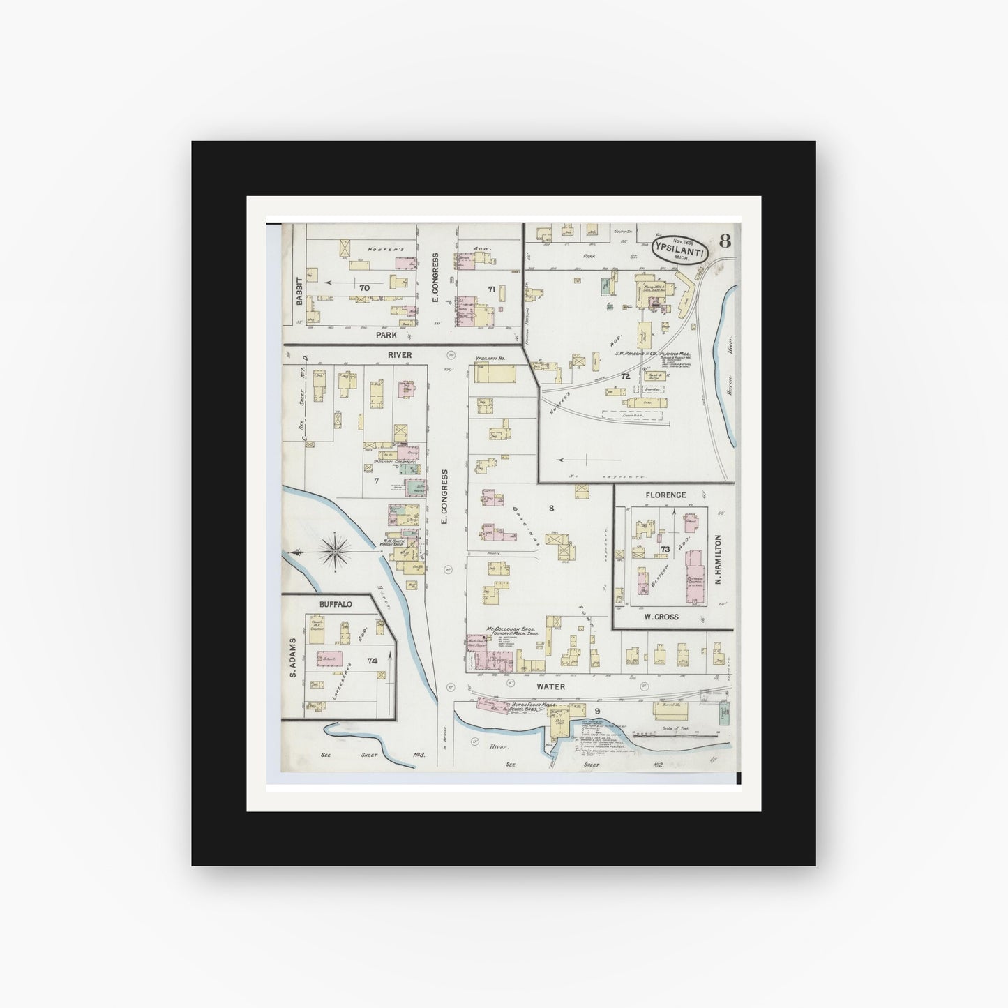 Old map wall art mockup — black gallery frame with white mat — Sanborn Fire Insurance Map from Ypsilanti, Washtenaw County, Michigan (1888), Sheet #0008