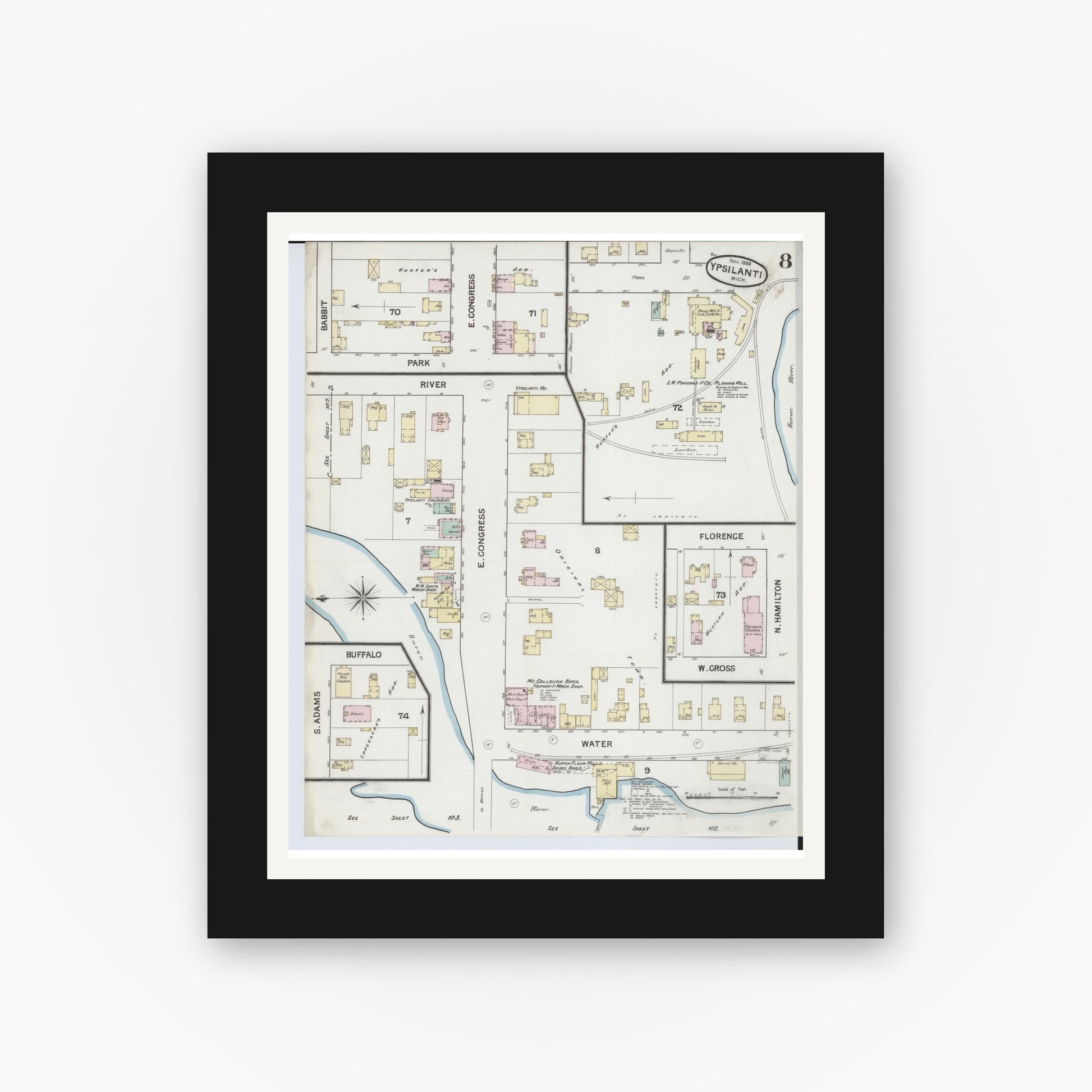 Old map wall art mockup — black gallery frame with white mat — Sanborn Fire Insurance Map from Ypsilanti, Washtenaw County, Michigan (1888), Sheet #0008