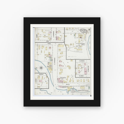 Old map wall art mockup — black gallery frame with white mat — Sanborn Fire Insurance Map from Ypsilanti, Washtenaw County, Michigan (1888), Sheet #0008