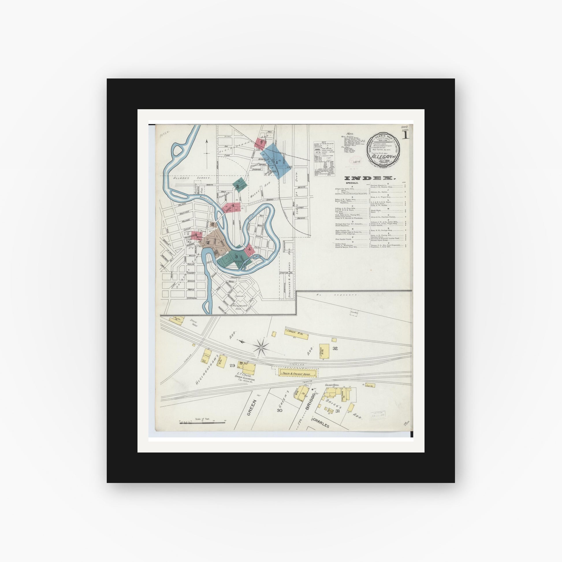 Old map wall art mockup — black gallery frame with white mat — Sanborn Fire Insurance Map from Allegan, Allegan County, Michigan (1893) - Complete Map Set