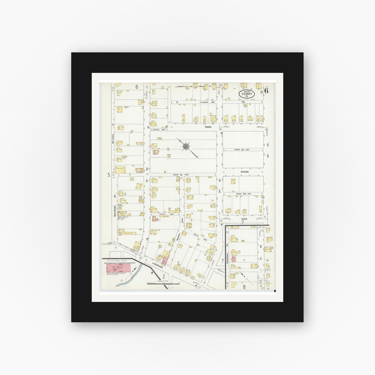 Old map wall art mockup — black gallery frame with white mat — Sanborn Fire Insurance Map from Derry, Westmoreland County, Pennsylvania (1911), Sheet #0006