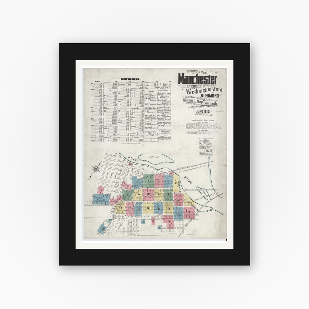 Old map wall art mockup — black gallery frame with white mat — Sanborn Fire Insurance Map from Manchester, Chesterfield County, Virginia (1910), Sheet #0001