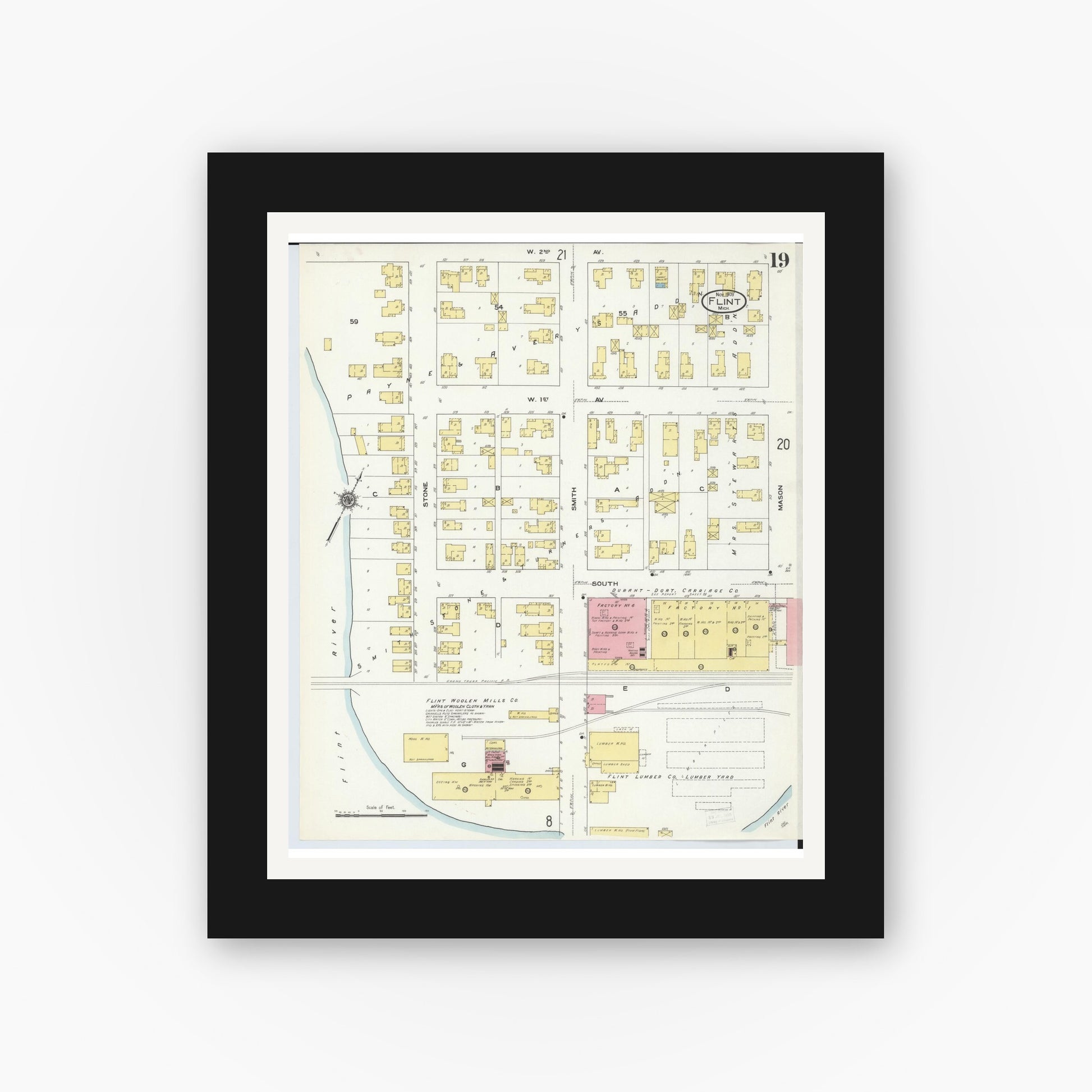 Old map wall art mockup — black gallery frame with white mat — Sanborn Fire Insurance Map from Flint, Genesee County, Michigan (1909), Sheet #0019
