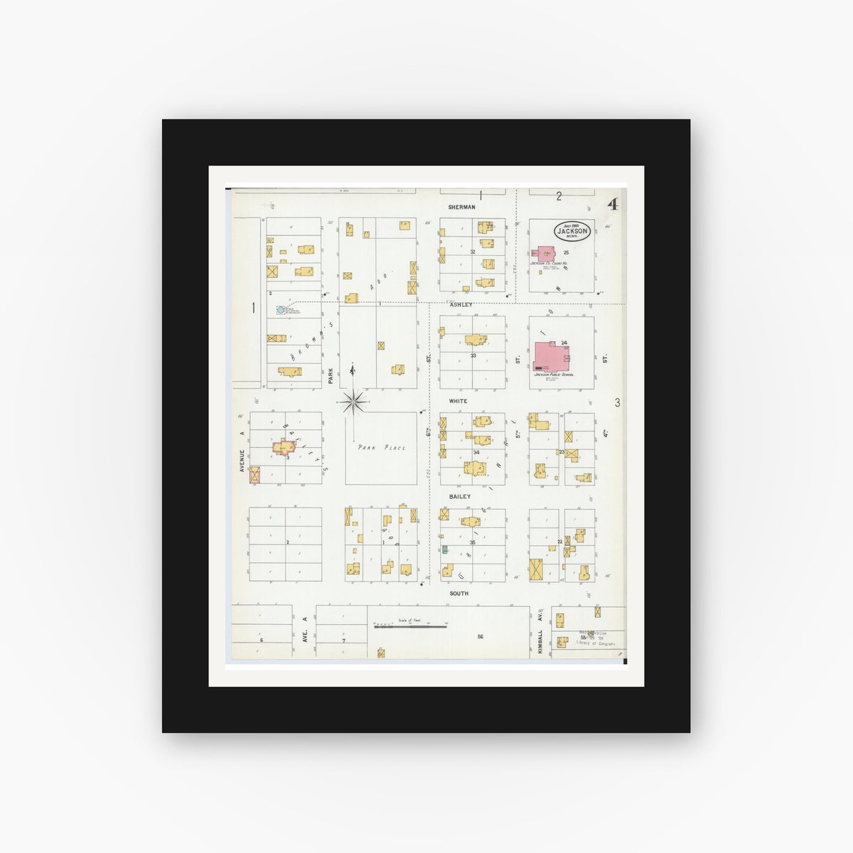 Old map wall art mockup — black gallery frame with white mat — Sanborn Fire Insurance Map from Jackson, Jackson County, Minnesota (1900), Sheet #0004