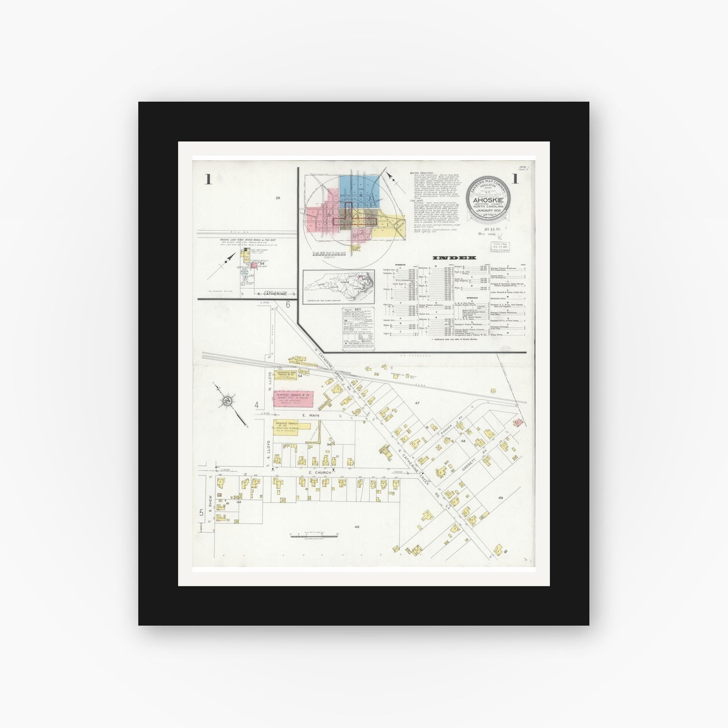 Old map wall art mockup — black gallery frame with white mat — Sanborn Fire Insurance Map from Ahoskie, Hertford County, North Carolina (1930), Sheet #0001