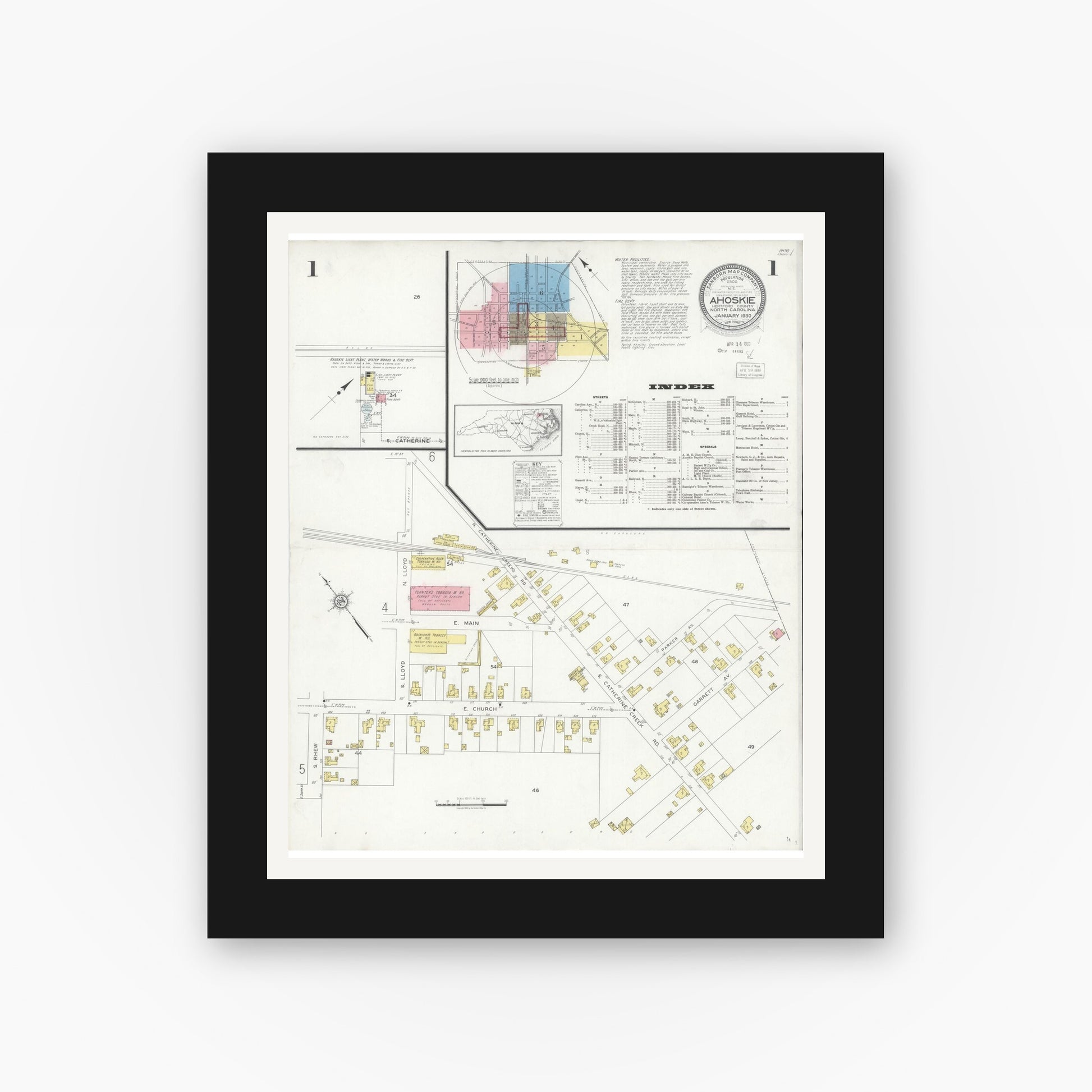 Old map wall art mockup — black gallery frame with white mat — Sanborn Fire Insurance Map from Ahoskie, Hertford County, North Carolina (1930), Sheet #0001