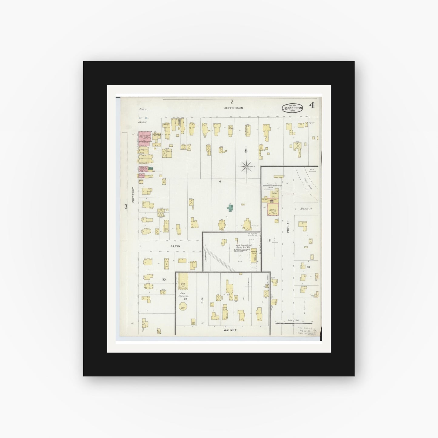Old map wall art mockup — black gallery frame with white mat — Sanborn Fire Insurance Map from Jefferson, Ashtabula County, Ohio (1896), Sheet #0004