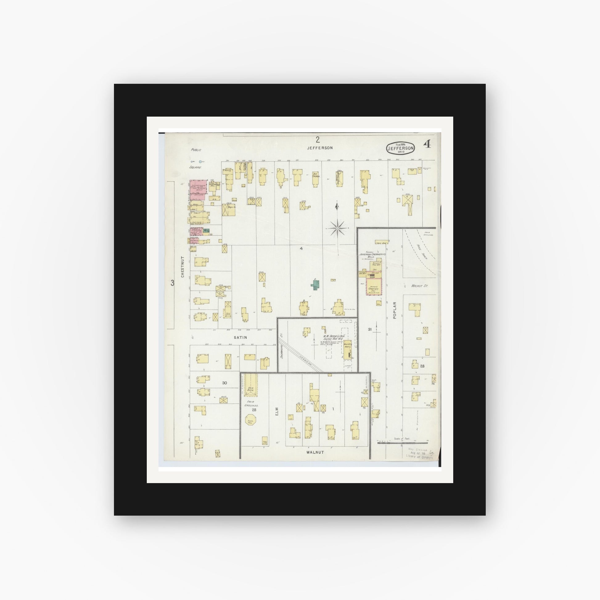 Old map wall art mockup — black gallery frame with white mat — Sanborn Fire Insurance Map from Jefferson, Ashtabula County, Ohio (1896), Sheet #0004