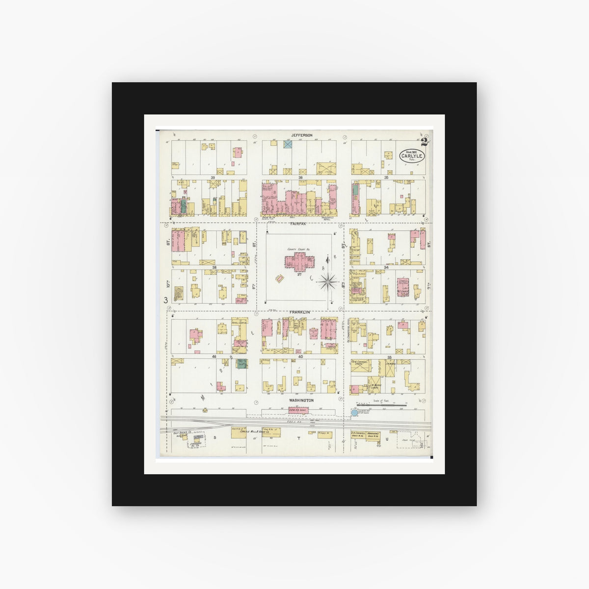 Old map wall art mockup — black gallery frame with white mat — Sanborn Fire Insurance Map from Carlyle, Clinton County, Illinois (1902), Sheet #0002