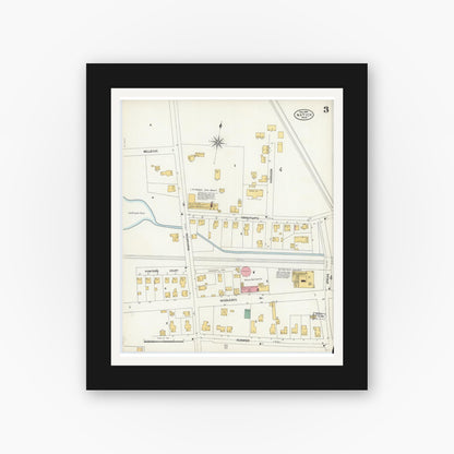 Old map wall art mockup — black gallery frame with white mat — Sanborn Fire Insurance Map from Natick, Middlesex County, Massachusetts (1904), Sheet #0003
