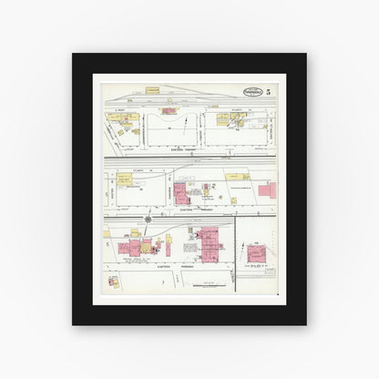 Old map wall art mockup — black gallery frame with white mat — Sanborn Fire Insurance Map from Farmingdale, Nassau County, New York (1920), Sheet #0005