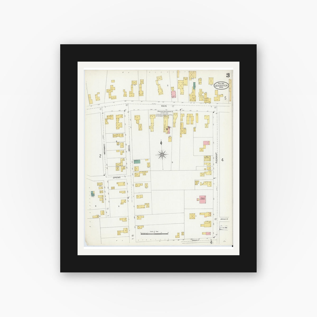 Old map wall art mockup — black gallery frame with white mat — Sanborn Fire Insurance Map from Leicester, Worcester County, Massachusetts (1904), Sheet #0003