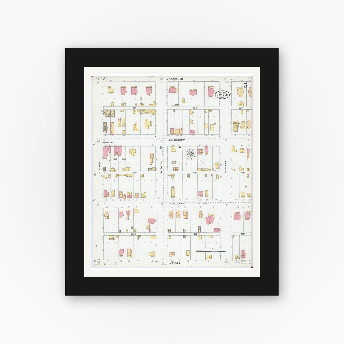 Old map wall art mockup — black gallery frame with white mat — Sanborn Fire Insurance Map from New Ulm, Brown County, Minnesota (1905), Sheet #0005