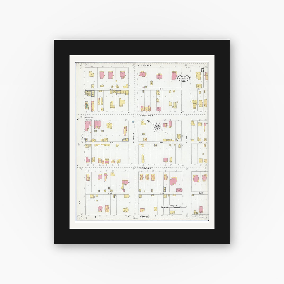 Old map wall art mockup — black gallery frame with white mat — Sanborn Fire Insurance Map from New Ulm, Brown County, Minnesota (1905), Sheet #0005