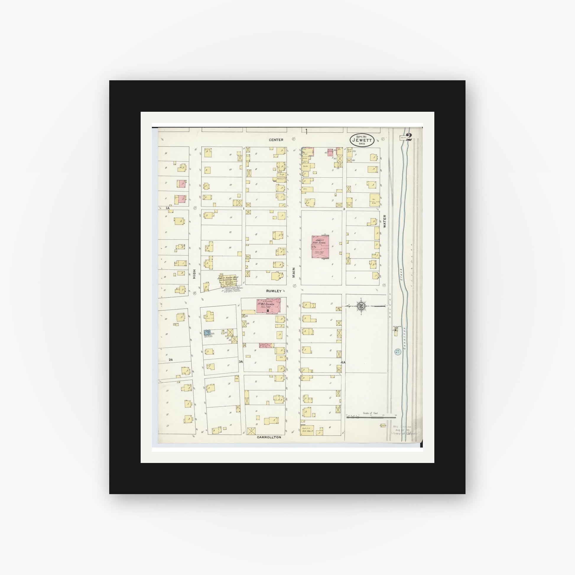 Old map wall art mockup — black gallery frame with white mat — Sanborn Fire Insurance Map from Jewett, Harrison County, Ohio (1911), Sheet #0002