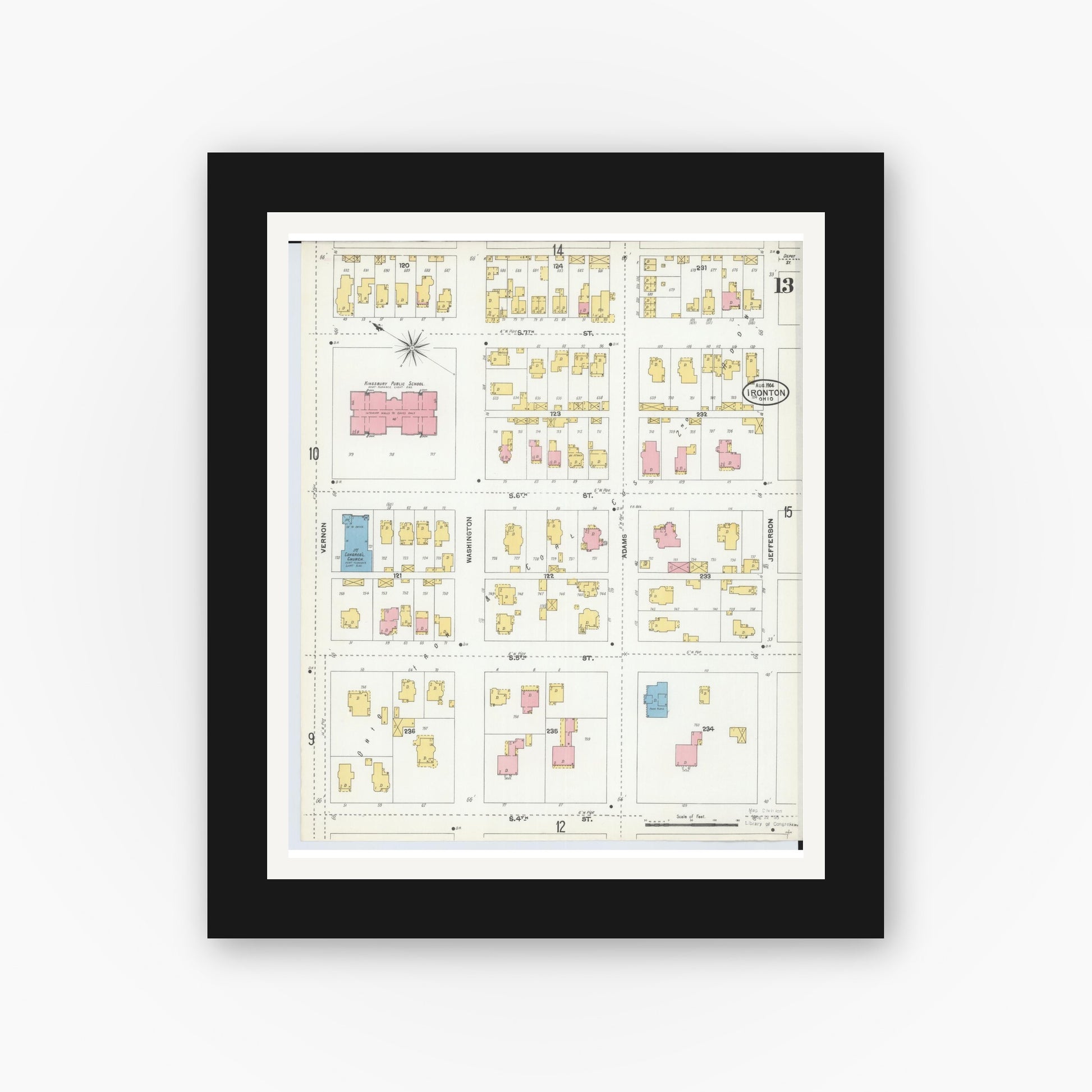 Old map wall art mockup — black gallery frame with white mat — Sanborn Fire Insurance Map from Ironton, Lawrence County, Ohio (1904), Sheet #0013