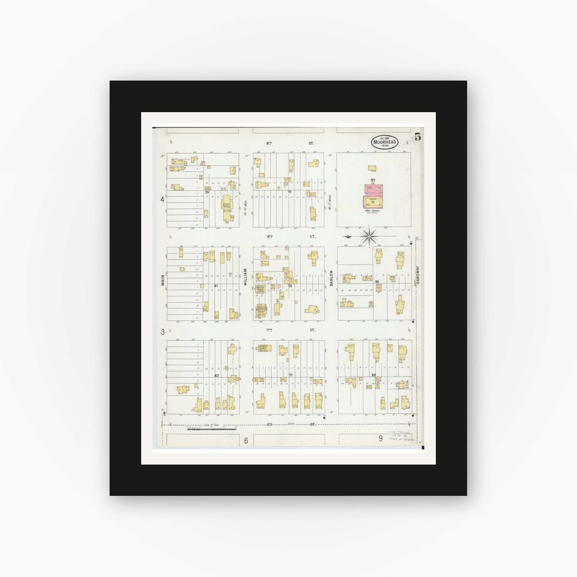 Old map wall art mockup — black gallery frame with white mat — Sanborn Fire Insurance Map from Moorhead, Clay County, Minnesota (1899), Sheet #0005