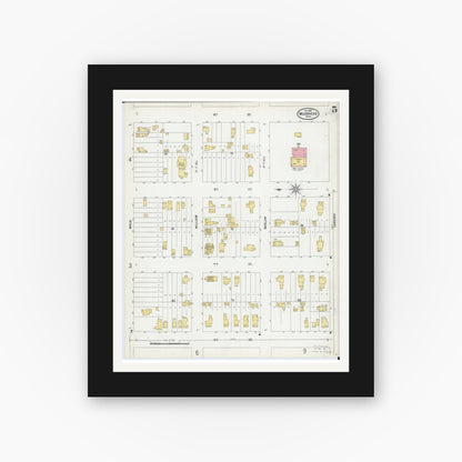 Old map wall art mockup — black gallery frame with white mat — Sanborn Fire Insurance Map from Moorhead, Clay County, Minnesota (1899), Sheet #0005