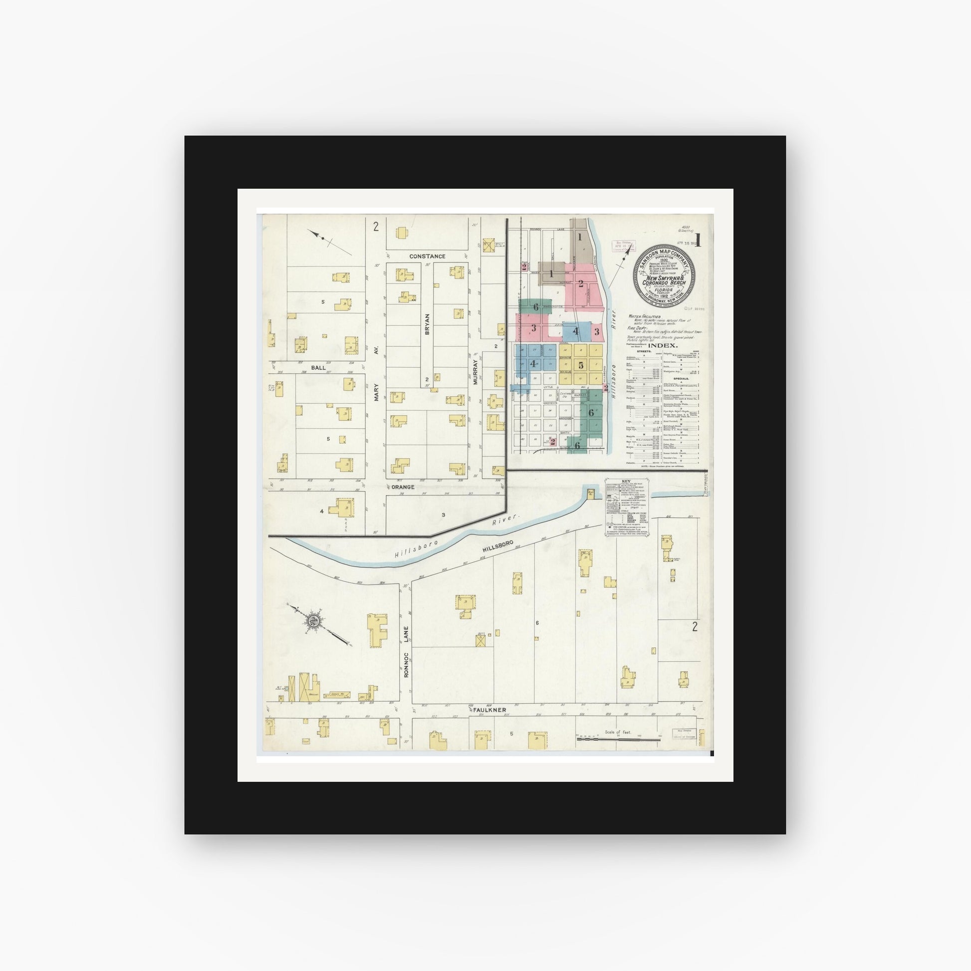 Old map wall art mockup — black gallery frame with white mat — Sanborn Fire Insurance Map from New Smyrna, Valusia County, Florida (1912), Sheet #0001