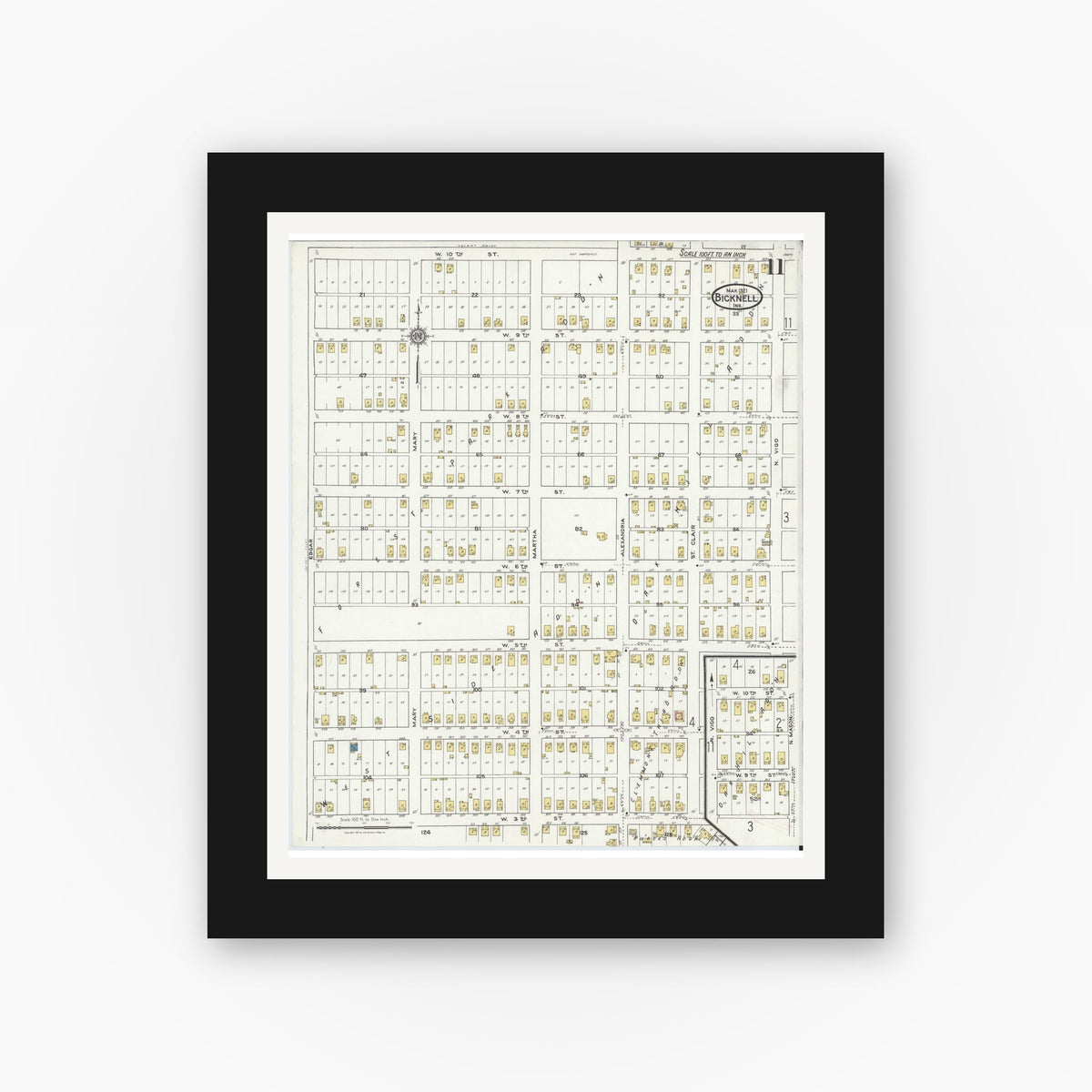 Old map wall art mockup — black gallery frame with white mat — Sanborn Fire Insurance Map from Bicknell, Knox County, Indiana (1921), Sheet #0011