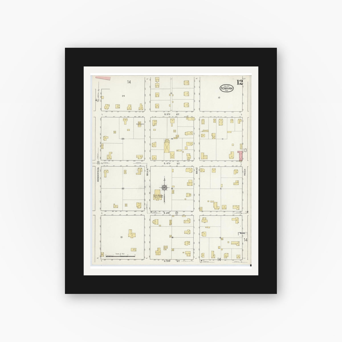 Old map wall art mockup — black gallery frame with white mat — Sanborn Fire Insurance Map from Bonham, Fannin County, Texas (1917), Sheet #0012
