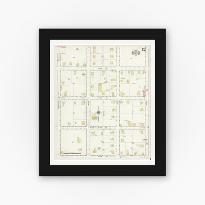 Old map wall art mockup — black gallery frame with white mat — Sanborn Fire Insurance Map from Bonham, Fannin County, Texas (1917), Sheet #0012