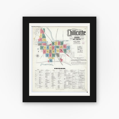 Old map wall art mockup — black gallery frame with white mat — Sanborn Fire Insurance Map from Chillicothe, Ross County, Ohio (1909), Sheet #0001