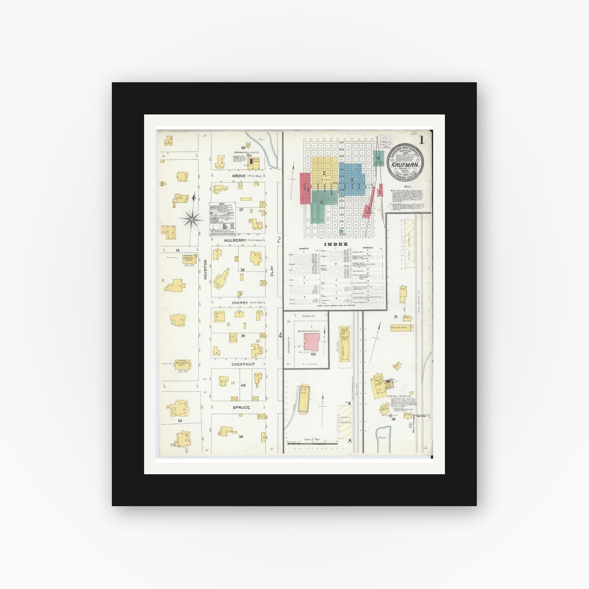Old map wall art mockup — black gallery frame with white mat — Sanborn Fire Insurance Map from Kaufman, Kaufman County, Texas (1905), Sheet #0001